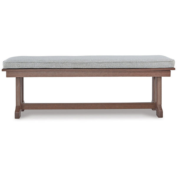 Emme 54 Inch Outdoor Dining Bench, Brown Base, Gray Padded Cushioning - BM311624