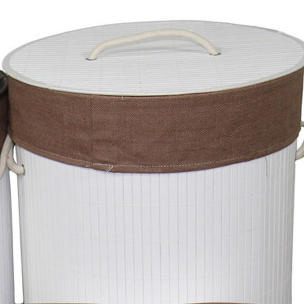 5 Piece Laundry Basket and Tray Set, Round Folding Brown Bamboo, White - BM311746