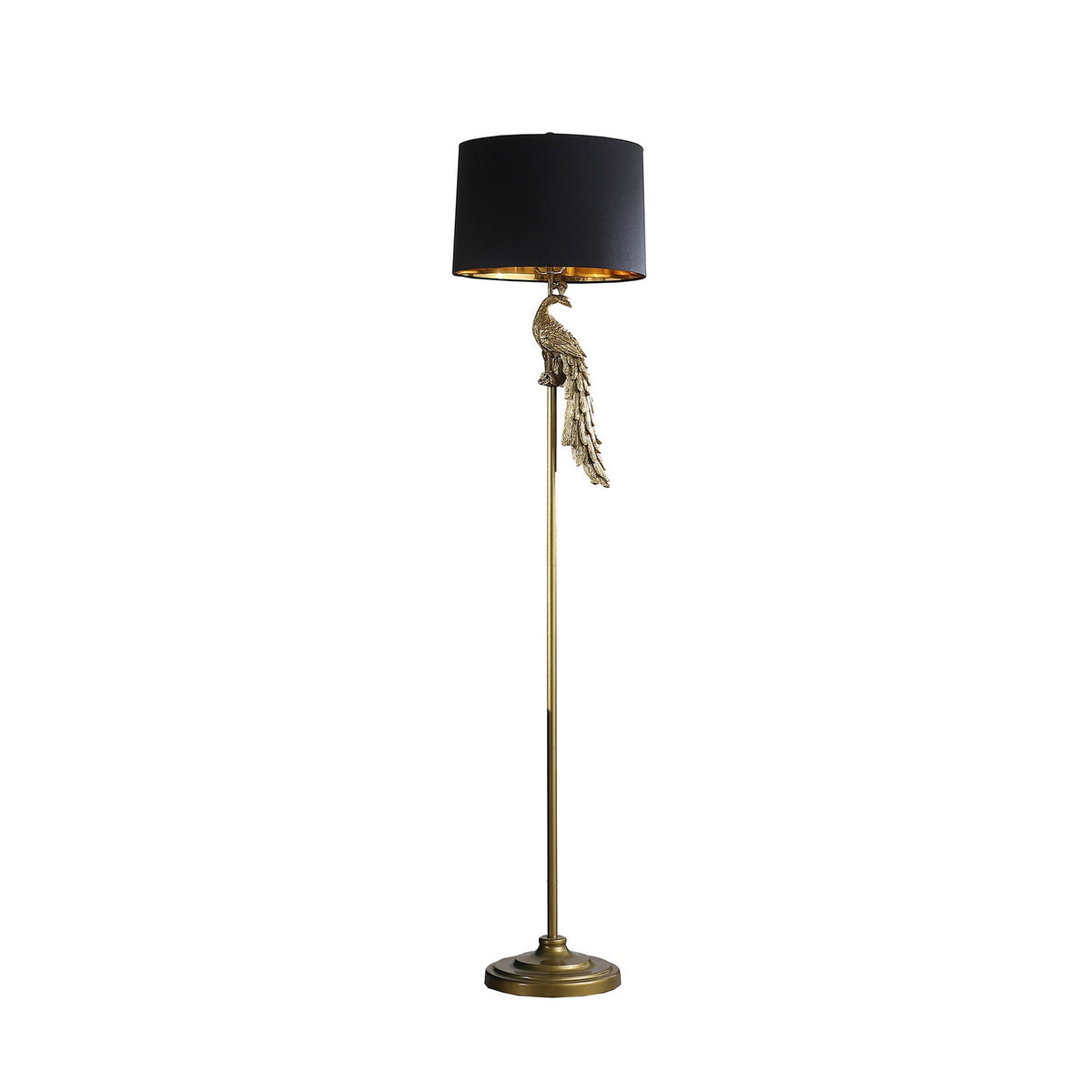 65 Inch Floor Lamp, Peacock, Linen Drum Shade, Pedestal Branch, Gold Finish - BM311757