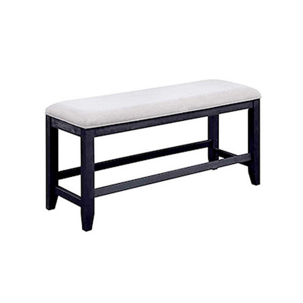 Edward 48 Inch Counter Height Dining Bench, White Fabric and Black Wood - BM311791