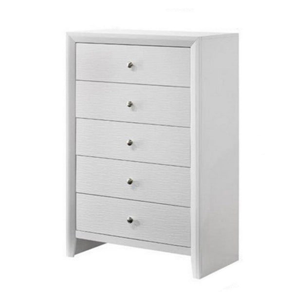 Eve 47 Inch Tall Dresser Chest, 5 Drawers with Metal Knobs, White Wood - BM311821