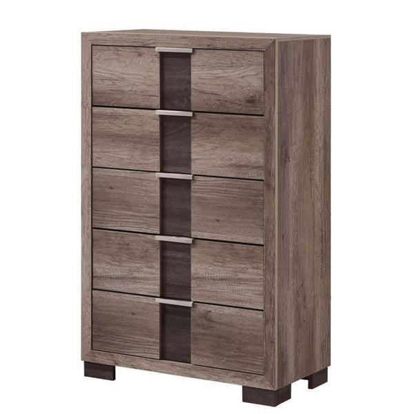 Rangley 47 Inch Tall Dresser Chest, Wood, 5 Drawers, Metal Handles, Brown - BM311823