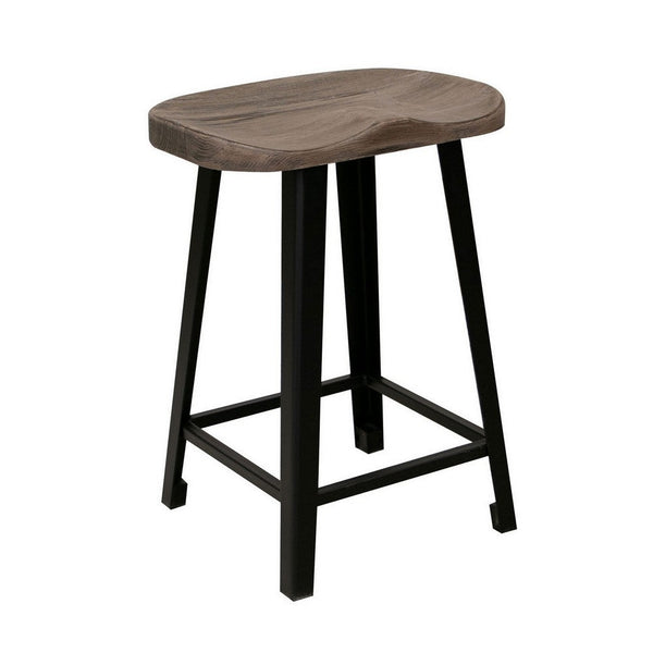 Simi 24 Inch Counter Height Stool, Industrial Black Metal Base, Brown Wood - BM311857
