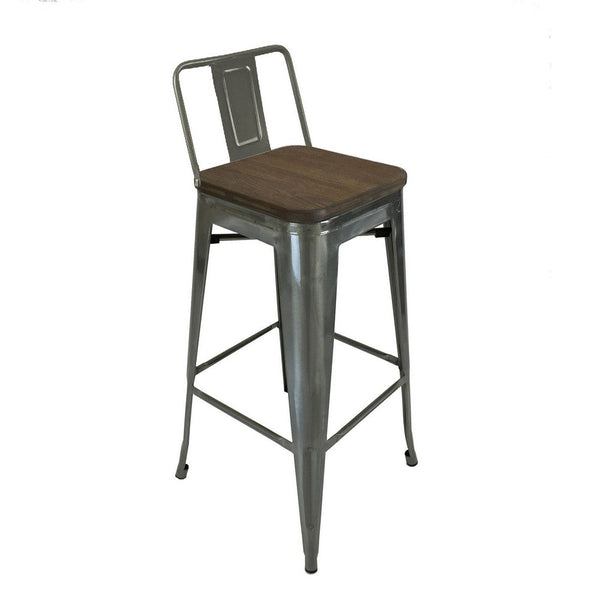 Trace 30 Inch Barstool Chair, Low Back, Wood Seat, Light Gray Metal - BM311913