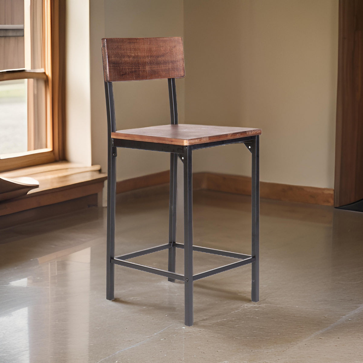 25 Inch Counter Stool Chairs, Set of 2, Brown Wood Seat & Back, Black Metal Legs - BM311917