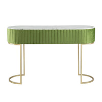 Jeah 47 Inch Console Table, 1 Drawer, Curved Gold Iron Base, Green Fabric - BM311939