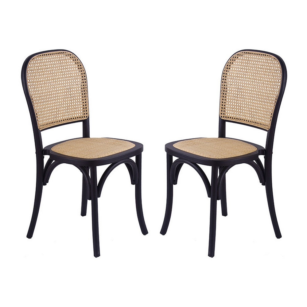 38 Inch Dining Chairs Set of 2, Stackable, Woven Cane, Beech Wood, Black - BM311942