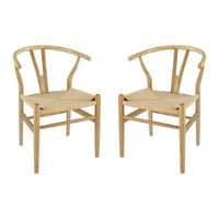 44 Inch Accent Chair, Set of 2, Wishbone Shape, Woven Seat, Ash Wood, Brown - BM311943