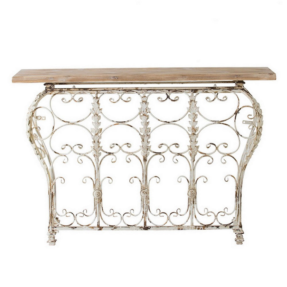 55 Inch Console Sofa Table with Scrollwork, Iron Curved Base, Wood, White - BM311965