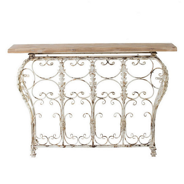 55 Inch Console Sofa Table with Scrollwork, Iron Curved Base, Wood, White - BM311965