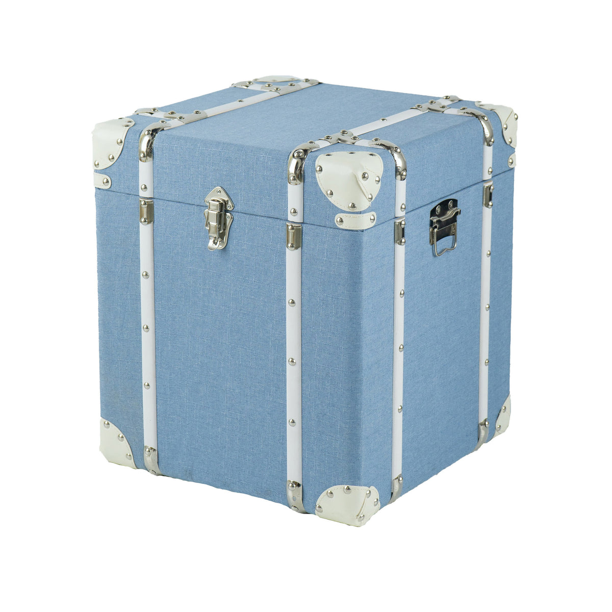 Vina 34 Inch Accent Storage Trunk Set of 2, Faux Leather, Blue Wood, White - BM311970