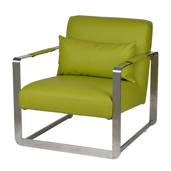29 Inch Accent Lounge Chair, Cushion, Stainless Steel, Green Faux Leather - BM311976