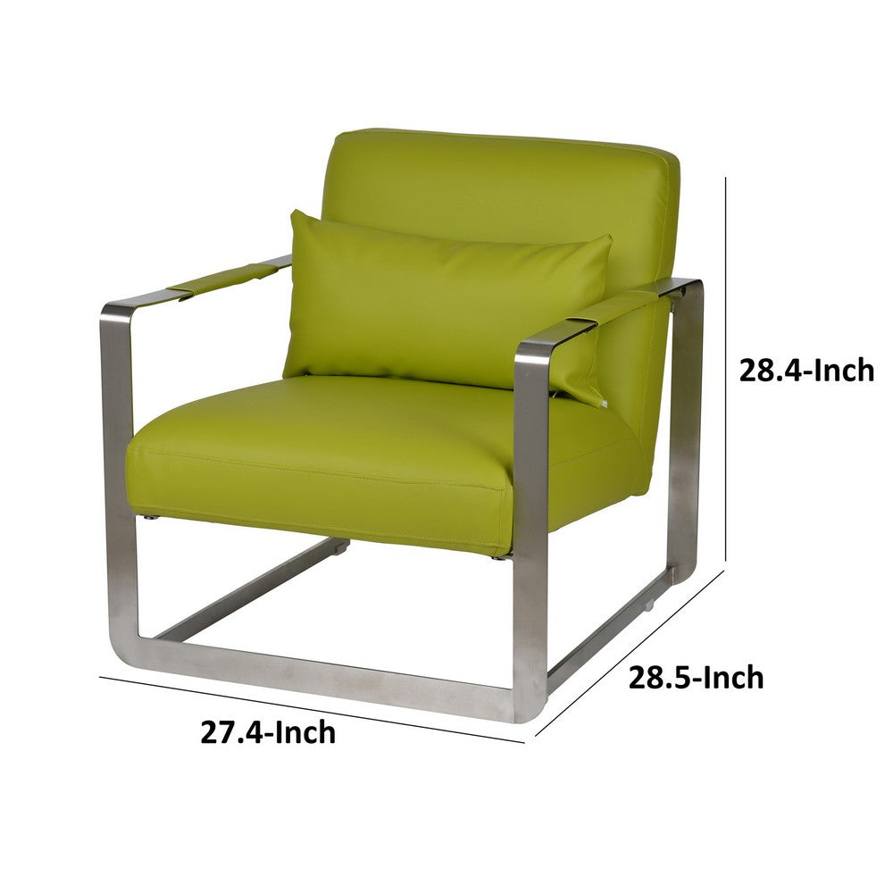 29 Inch Accent Lounge Chair, Cushion, Stainless Steel, Green Faux Leather - BM311976