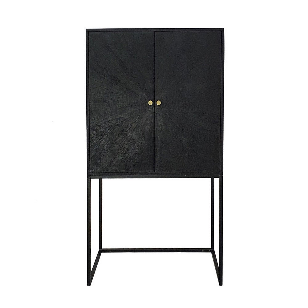 59 Inch Accent Cabinet, 2 Doors, Iron Stand, Acacia Wood, MDF, Black  - BM311994