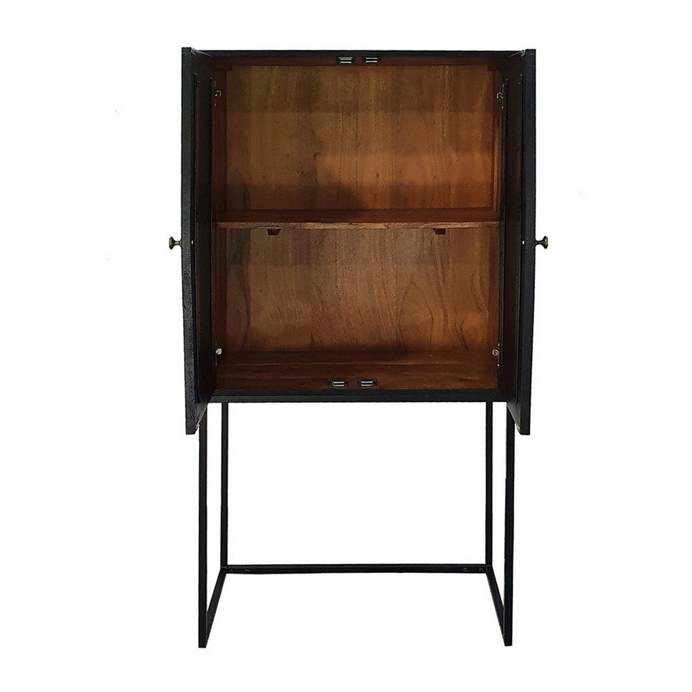 59 Inch Accent Cabinet, 2 Doors, Iron Stand, Acacia Wood, MDF, Black  - BM311994