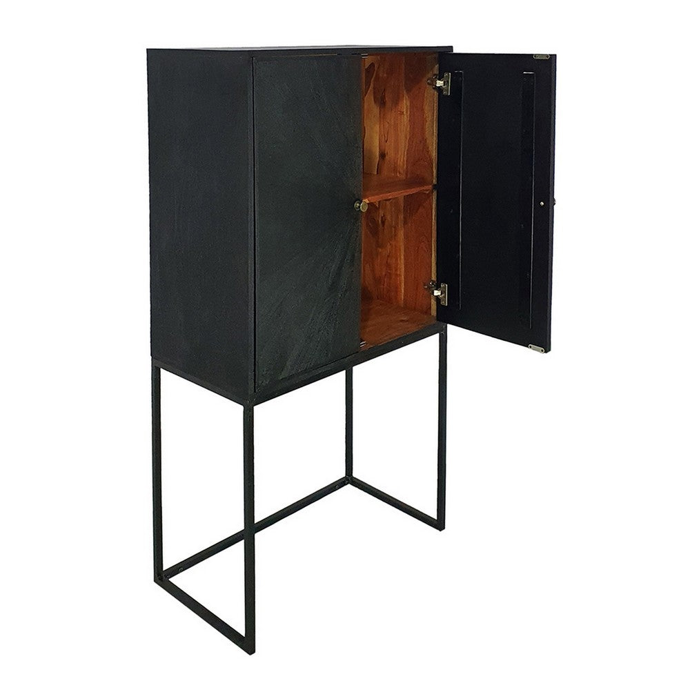 59 Inch Accent Cabinet, 2 Doors, Iron Stand, Acacia Wood, MDF, Black  - BM311994