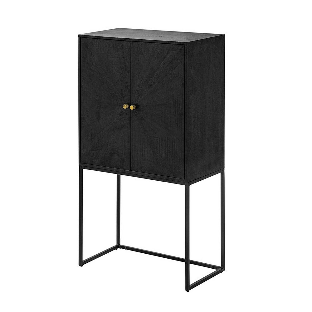 59 Inch Accent Cabinet, 2 Doors, Iron Stand, Acacia Wood, MDF, Black  - BM311994
