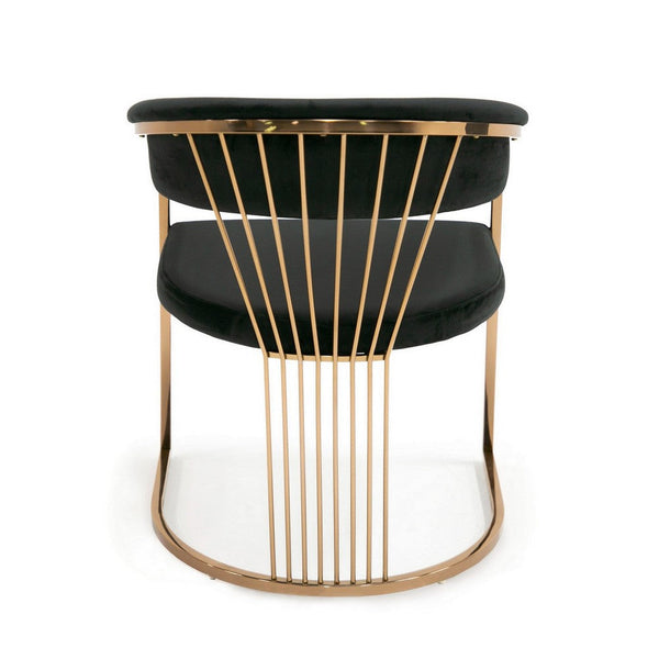 25 Inch Rose Gold Dining Chair, Plush Cushion, Metal Legs, Black Velvet  - BM312013