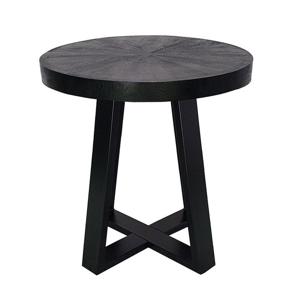 Raj 24 Inch Round Side End Table, Cross Legs Design, Black Acacia Wood Iron - BM312093