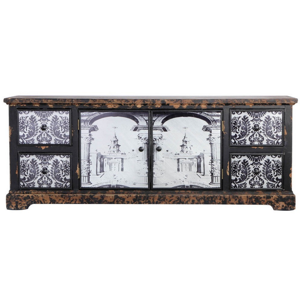 57 Inch Accent Sideboard Cabinet, White Damask Print Drawers, Brown Wood - BM312110