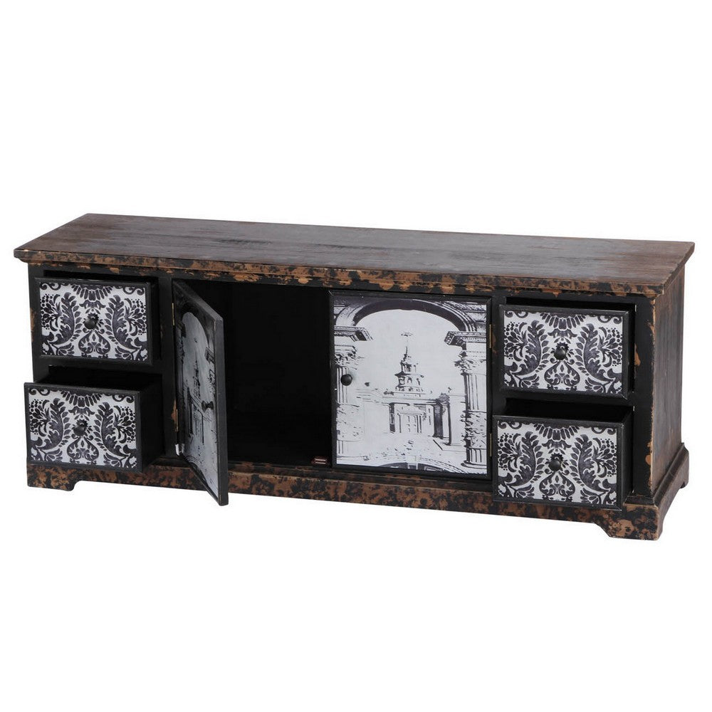 57 Inch Accent Sideboard Cabinet, White Damask Print Drawers, Brown Wood - BM312110