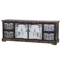 57 Inch Accent Sideboard Cabinet, White Damask Print Drawers, Brown Wood - BM312110
