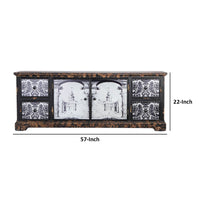 57 Inch Accent Sideboard Cabinet, White Damask Print Drawers, Brown Wood - BM312110