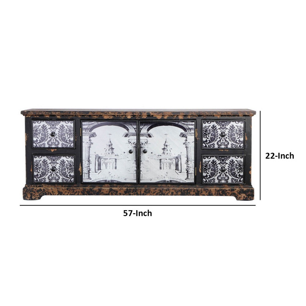 57 Inch Accent Sideboard Cabinet, White Damask Print Drawers, Brown Wood - BM312110