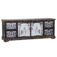 57 Inch Accent Sideboard Cabinet, White Damask Print Drawers, Brown Wood - BM312110