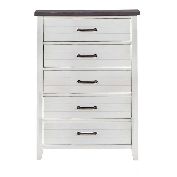 Akira 42 Inch Tall Dresser Chest, 5 Drawers, White Solid Wood, Gray Top - BM312113