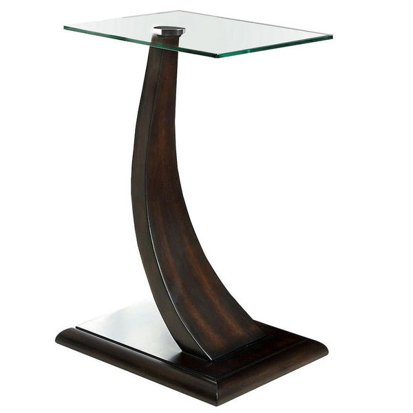 24 Inch Side Table, Curved Panel Base Design, Glass, Dark Brown Wood Finish - BM312122
