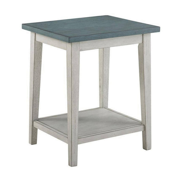 Eleni 24 Inch Side Table, Square Bottom Shelf, Antique White and Teal Wood - BM312126