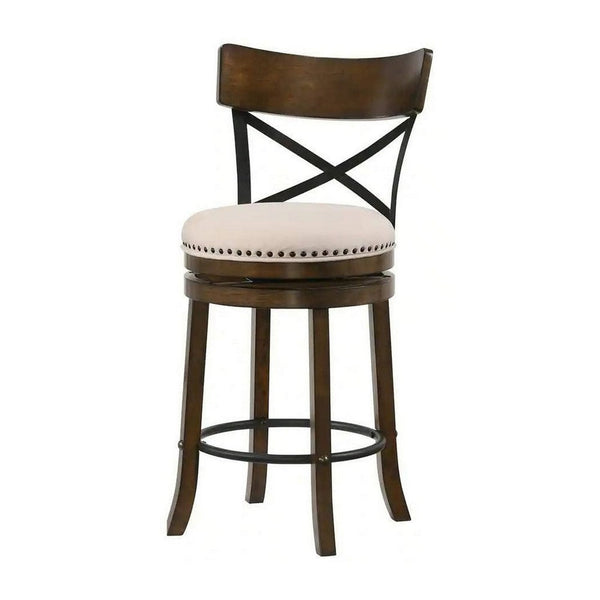 Vesper 27 Inch Swivel Counter Stool Chair Set of 2, Beige Seat, Brown Wood - BM312141