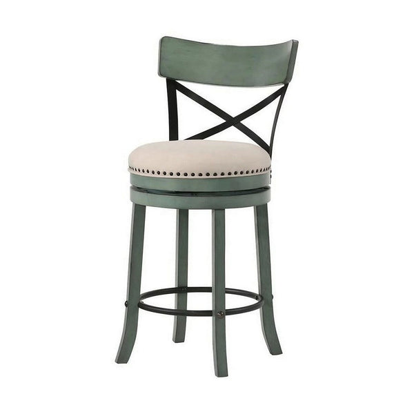 Vesper 31 Inch Swivel Barstool Chair Set of 2, Beige Seat, Green Wood Frame - BM312144