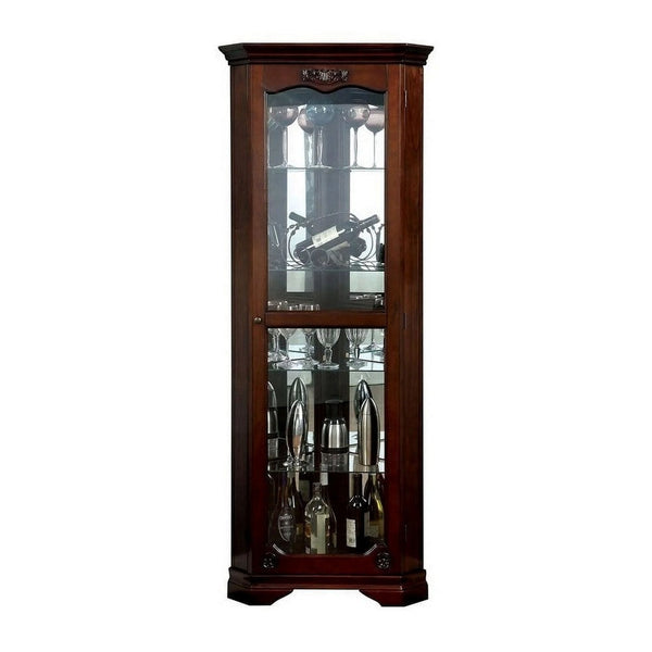 72 Inch Corner Curio Cabinet, 5 Shelves, Tempered Glass Door, Brown Wood - BM312149