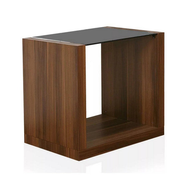 Bere 24 Inch Side End Table, Black Glass Top, Open Bottom Shelf, Brown Wood - BM312159