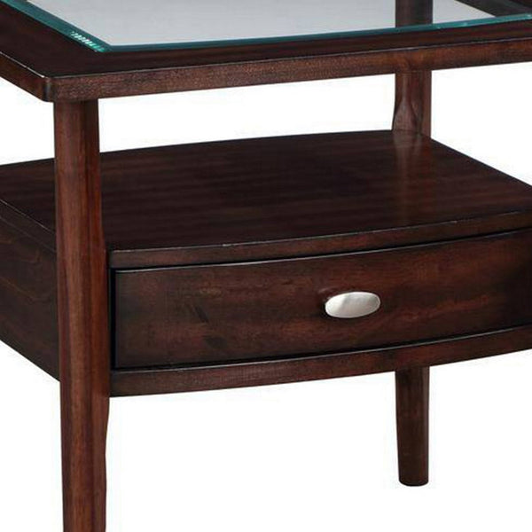 Ruen 27 Inch Side End Table, Glass Inset, Bottom Shelf, 1 Drawer, Brown - BM312162