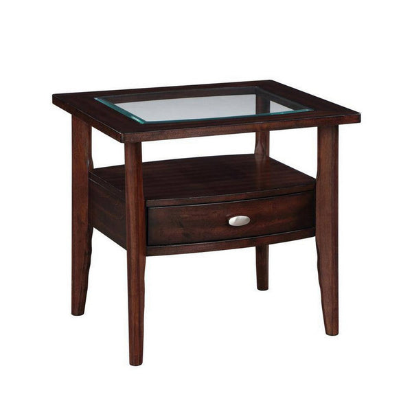 Ruen 27 Inch Side End Table, Glass Inset, Bottom Shelf, 1 Drawer, Brown - BM312162