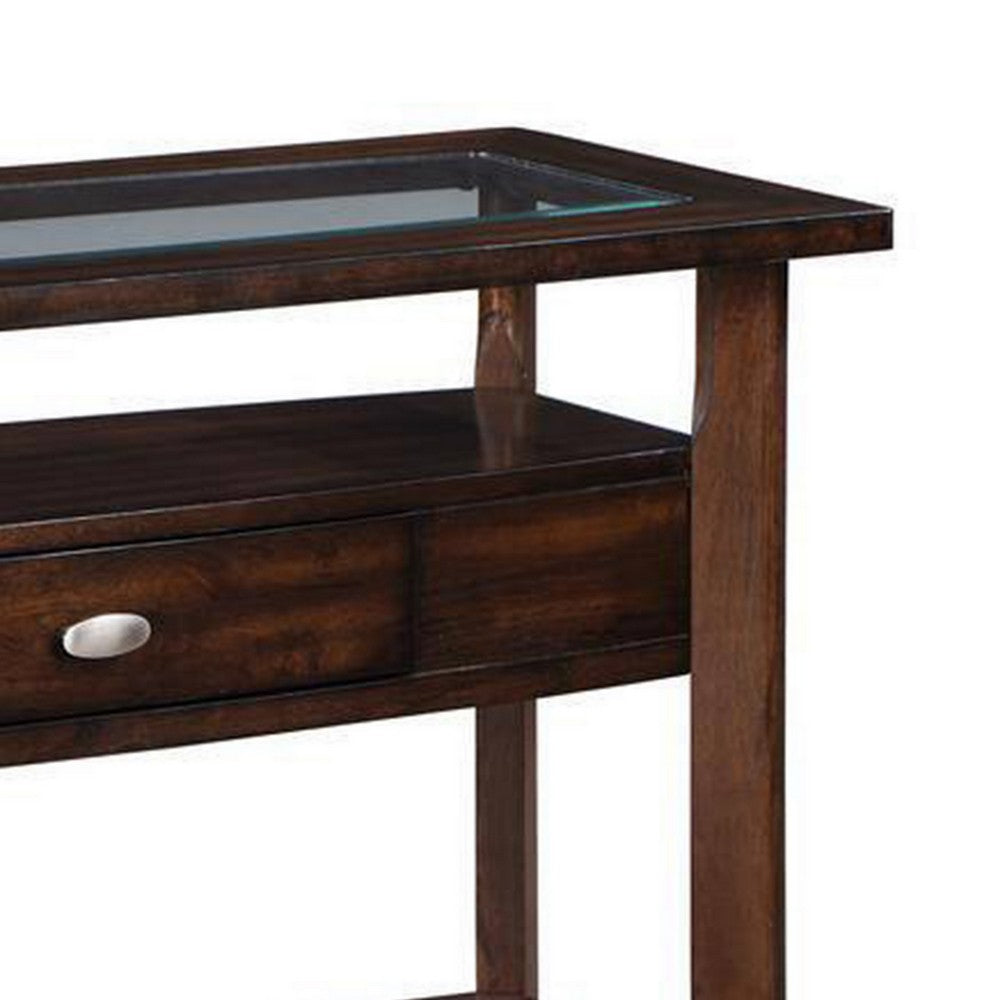 Ruen 44 Inch Sofa Table, Glass Inset Top, Open Shelf, Storage Drawer, Brown - BM312163
