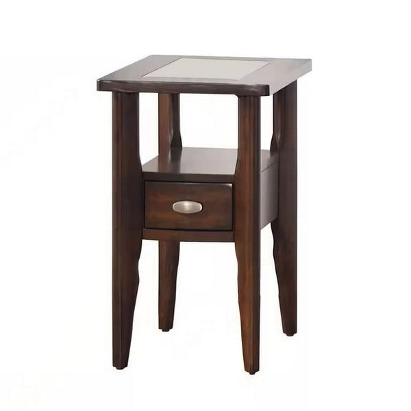 Ruen 22 Inch Chairside Table, Glass Inset, Bottom Shelf, 1 Drawer, Brown - BM312164