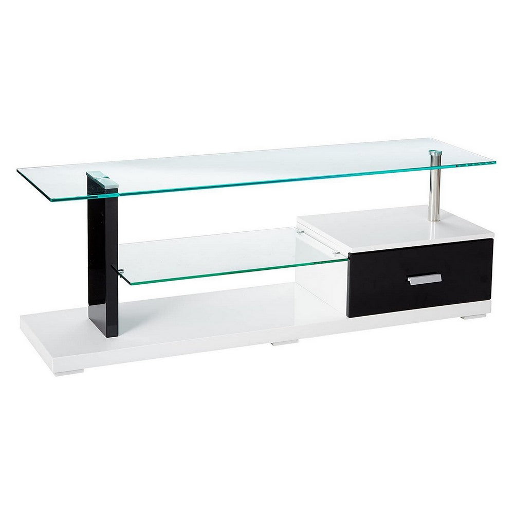 55 Inch TV Entertainment Console, Glass Top, Chrome Posts, Black, White - BM312171