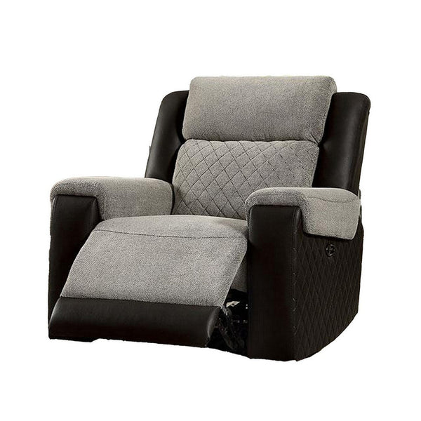 Sten 39 Inch Power Recliner Chair, USB, Gray Fabric, Black Faux Leather - BM312178