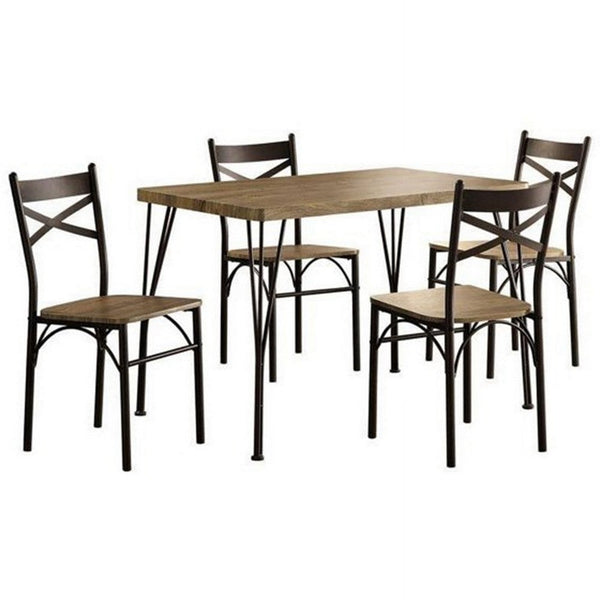 Leba 5 Piece Dining Table Set, 4 Chairs, Brown Wood Seat, Bronze Metal Legs - BM312187