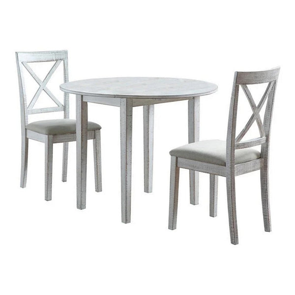Dela 3 Piece Dining Table Set, 2 Chairs, Gray Fabric, Antique White Wood - BM312190