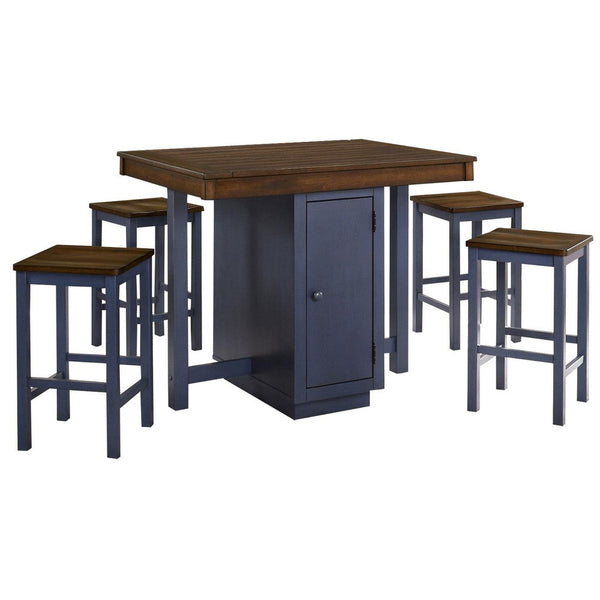 5 Piece Counter Height Dining Table Set, 4 Stools, Antique Oak, Blue Wood - BM312191