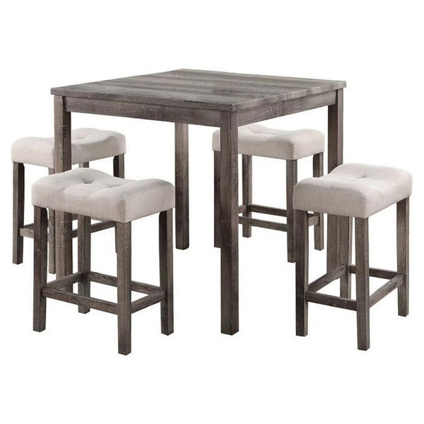 5 Piece Counter Height Table Set with 4 Stools, Beige Fabric, Gray Wood - BM312199