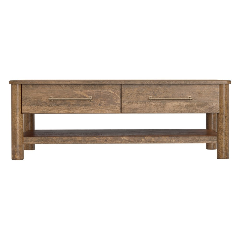 Olum 50 Inch Cocktail Coffee Table, Drawers, Lower Shelf, Brown Mango Wood - BM312230