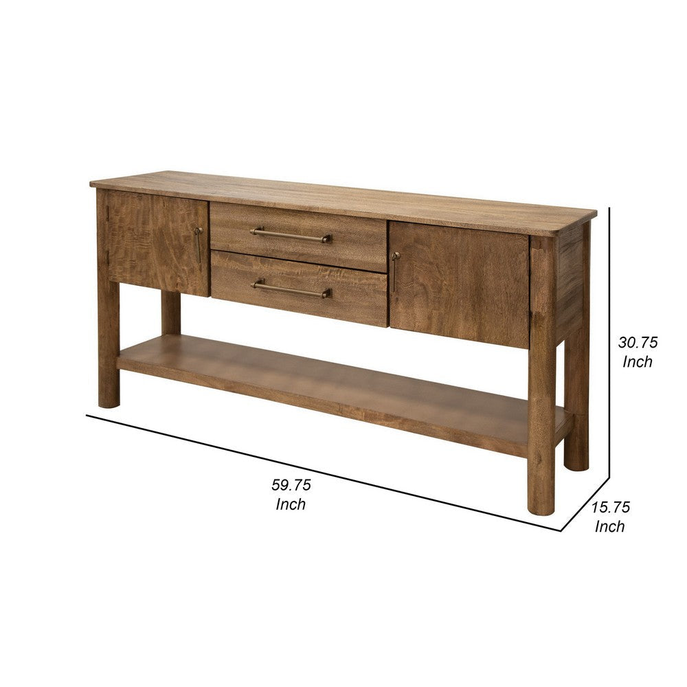 Olum 60 Inch Sofa Table, 2 Drawers, Lower Shelf, Solid Mango Wood, Brown - BM312233