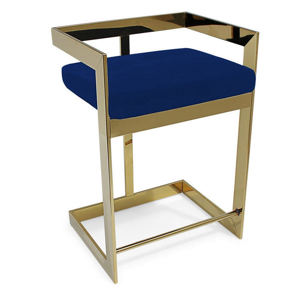 Pio 30 Inch Barstool Chair, Blue Velvet Padded Seat, Gold Metal Finish - BM312281