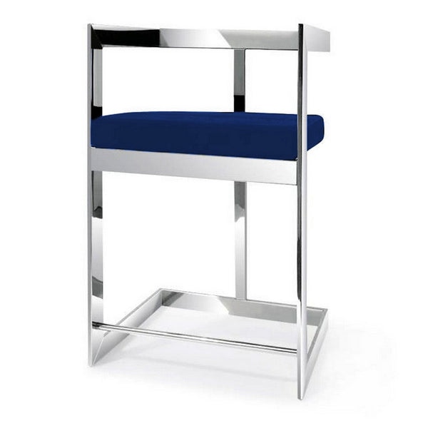Pio 30 Inch Barstool Chair, Blue Velvet Padded Seat, Chrome Metal Finish - BM312283